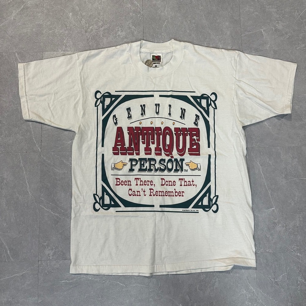 Vintage 1993 Fruit of the Loom Genuine Antique Person Graphic T-Shirt Mens L
